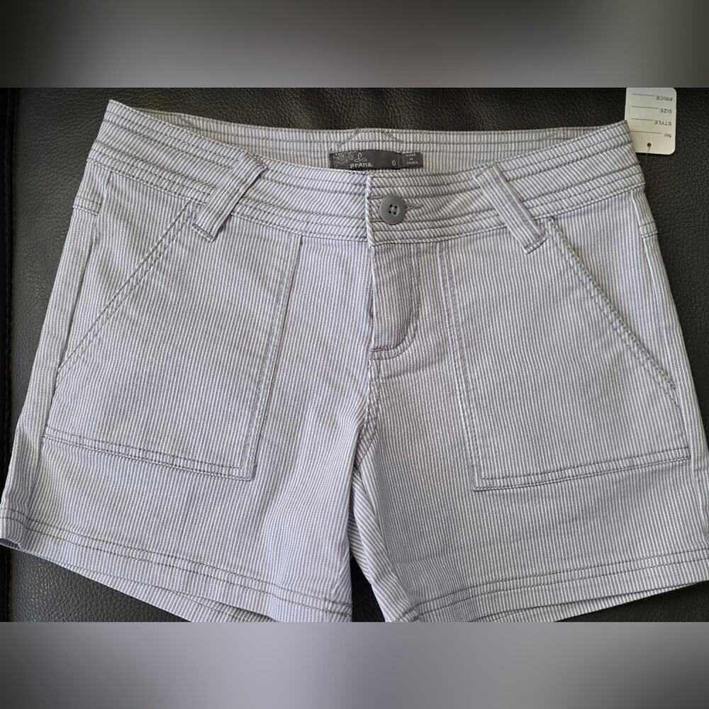 #390 Prana Gray and White Striped Button Shorts